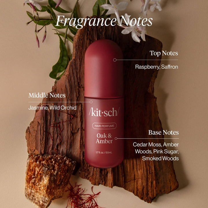 Kit-sch hair perfume bottle on a wooden block with fragrance notes text overlay