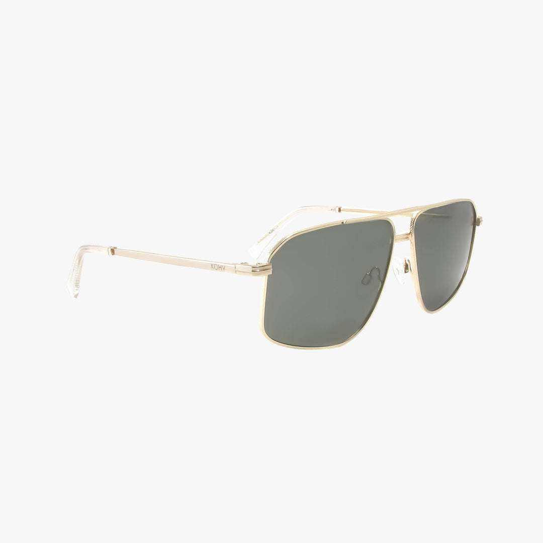 Gold-framed sunglasses with dark lenses on a white background