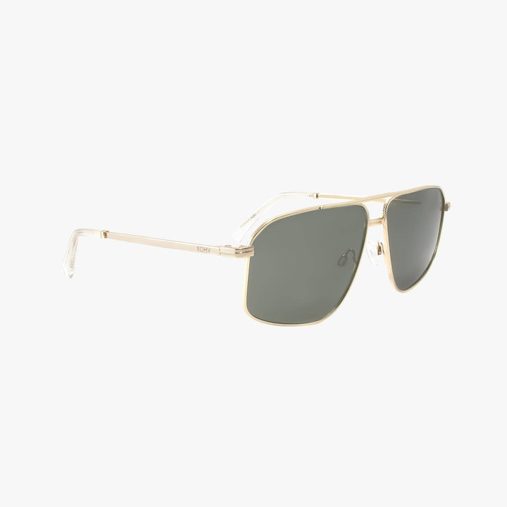 Gold-framed sunglasses with dark lenses on a white background