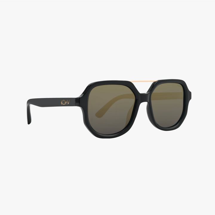 Black sunglasses with gold accents on a white background