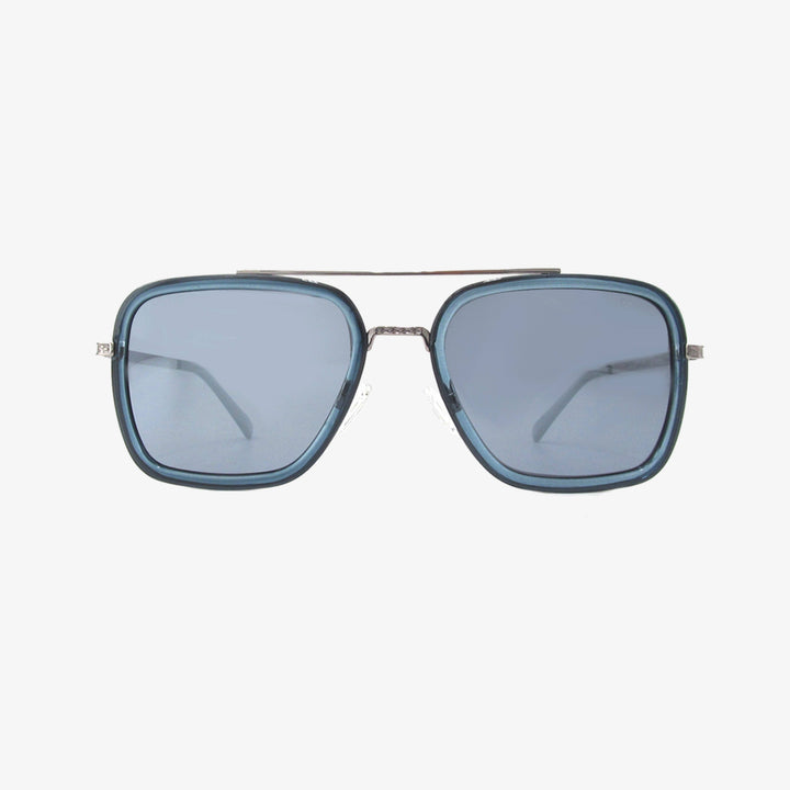 Sunglasses with blue lenses and thin metal frame on a white background