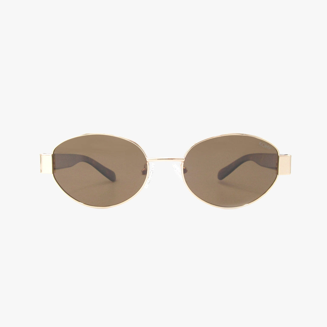 Gold-framed sunglasses with brown lenses on a white background