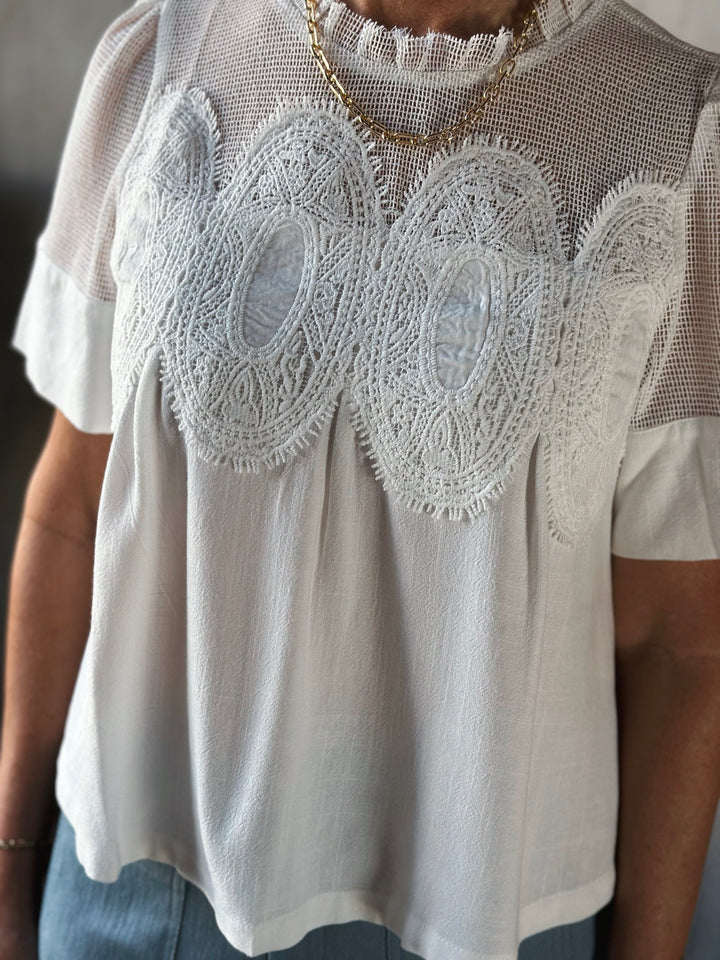 White lace top worn by a person, with a focus on the intricate detailing.