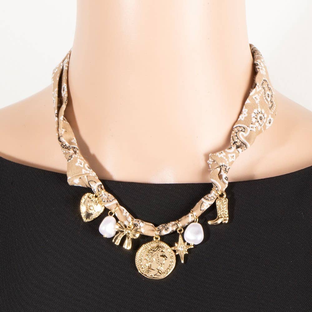 Bow Pearl And Coin Charms Bandana Necklace