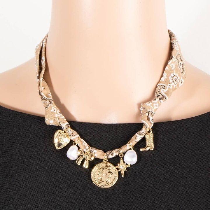 Bow Pearl And Coin Charms Bandana Necklace