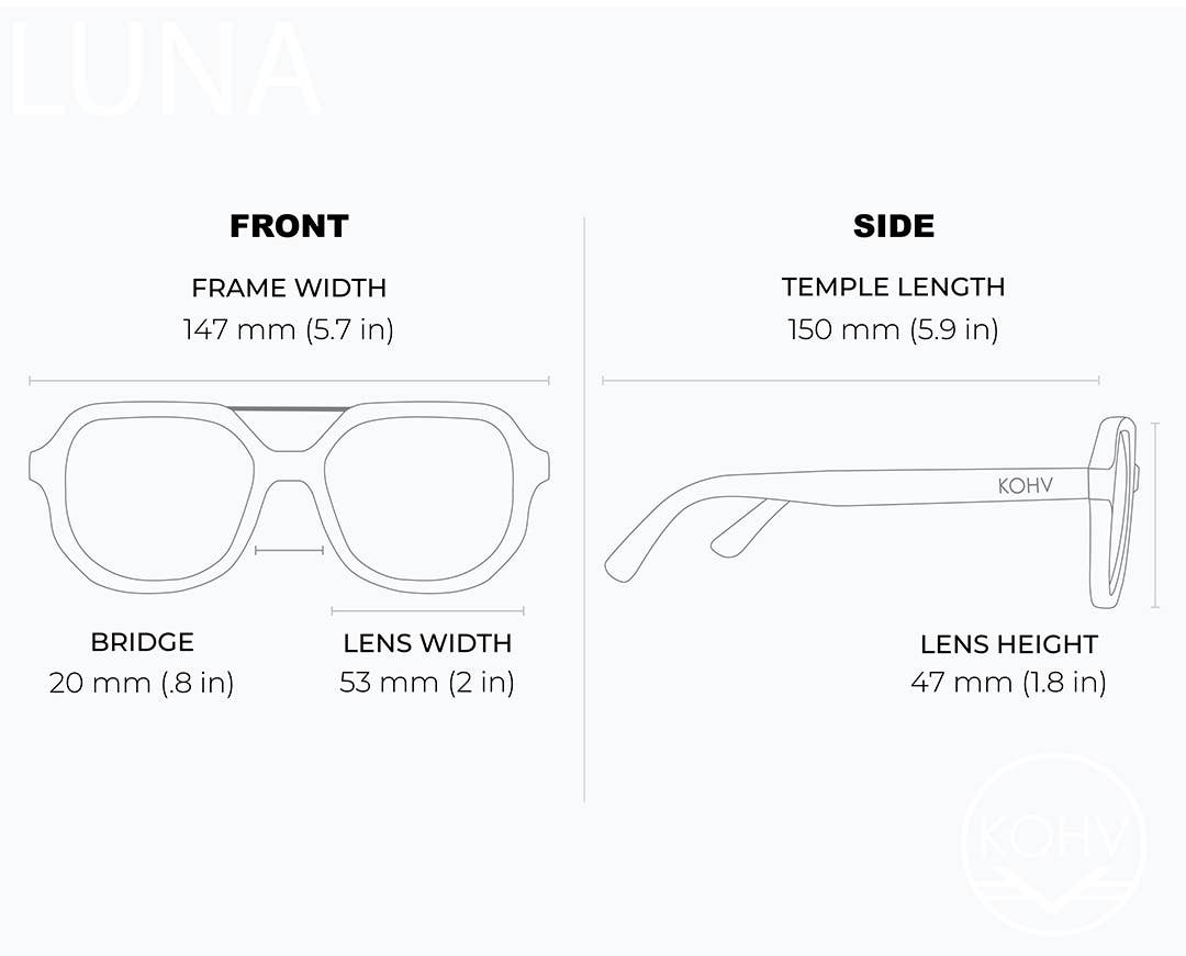 Glasses measurement chart showing front and side views with dimensions.