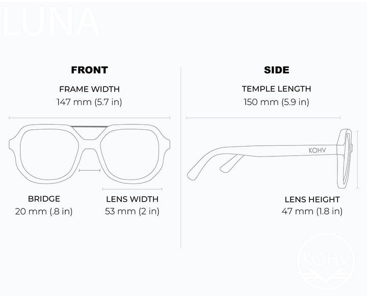Glasses measurement chart showing front and side views with dimensions.