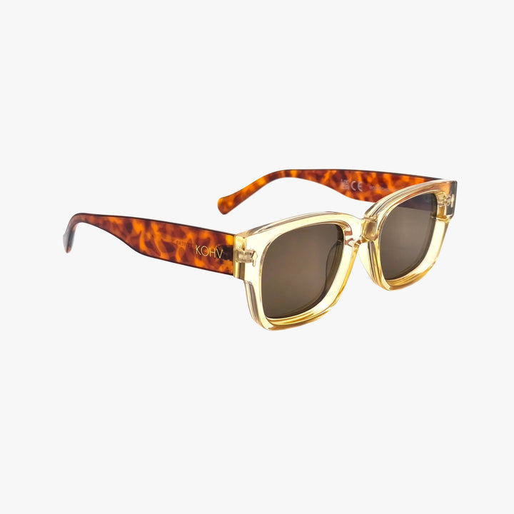 Sunglasses with tortoiseshell frame and gold accents on a white background