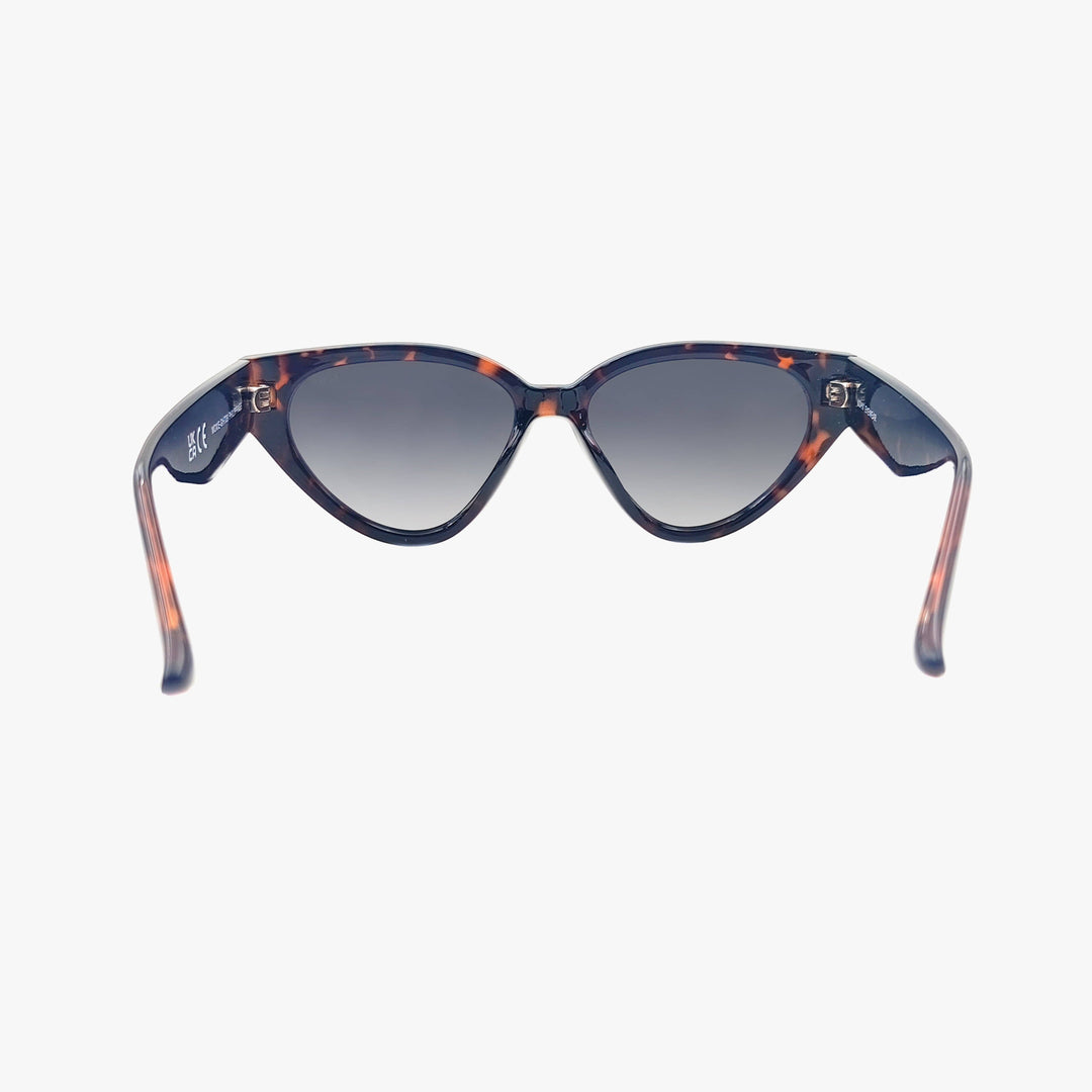 Sunglasses with tortoiseshell frame and dark lenses on a white background