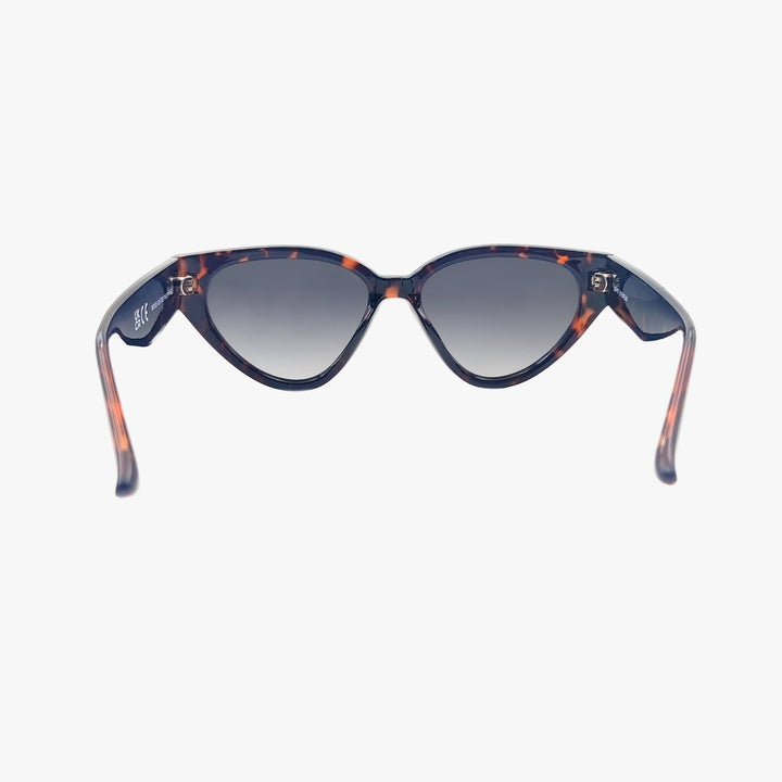 Sunglasses with tortoiseshell frame and dark lenses on a white background