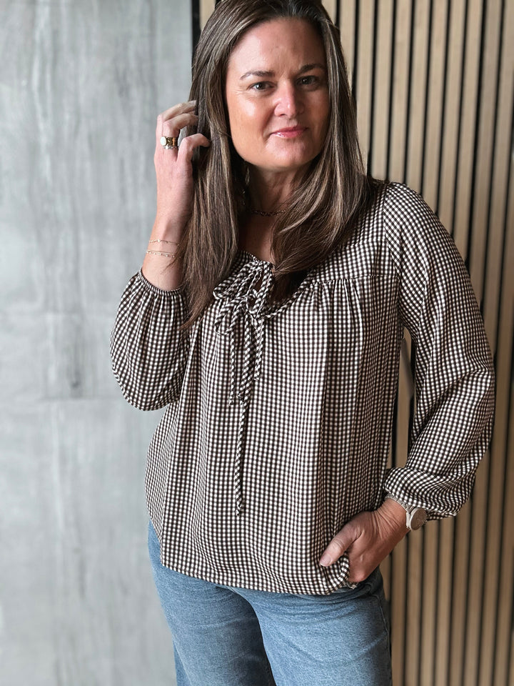 Tie Neckline Checkered Top