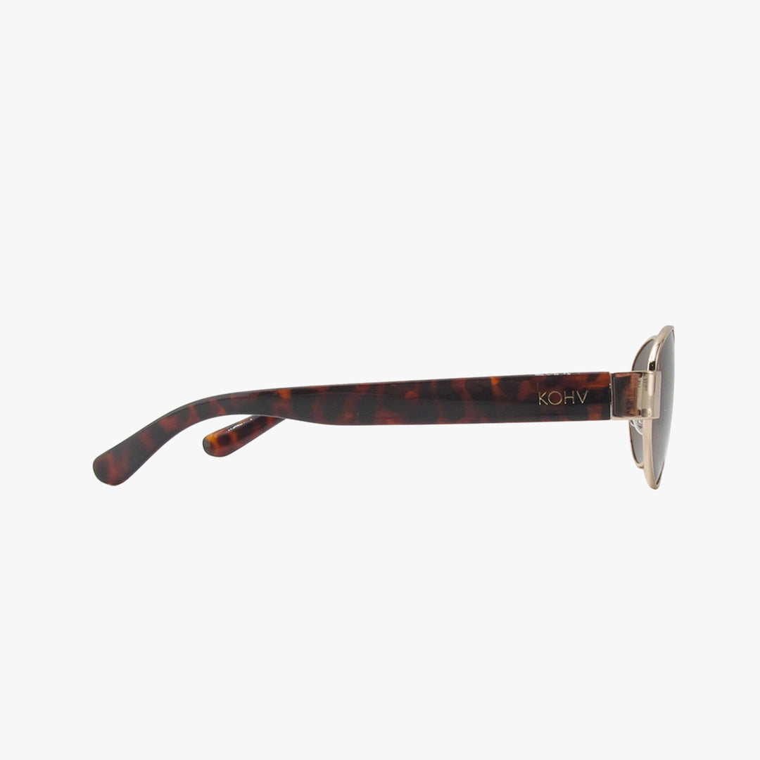 Sunglasses with tortoiseshell frame and 'KOHV' logo on a white background