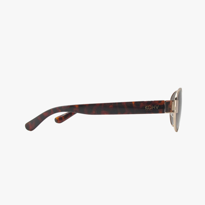 Sunglasses with tortoiseshell frame and 'KOHV' logo on a white background