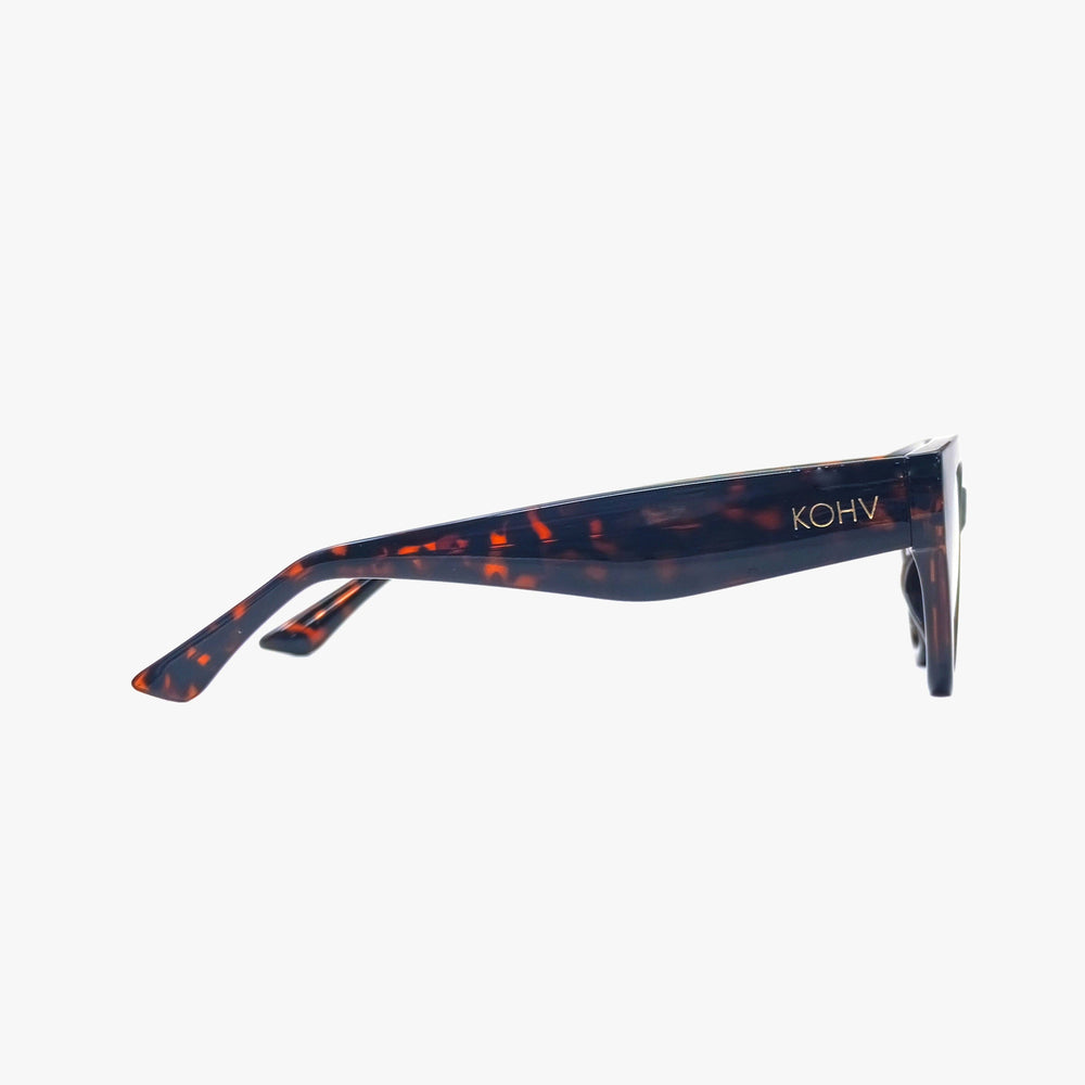 Black sunglasses with a brand logo on a white background
