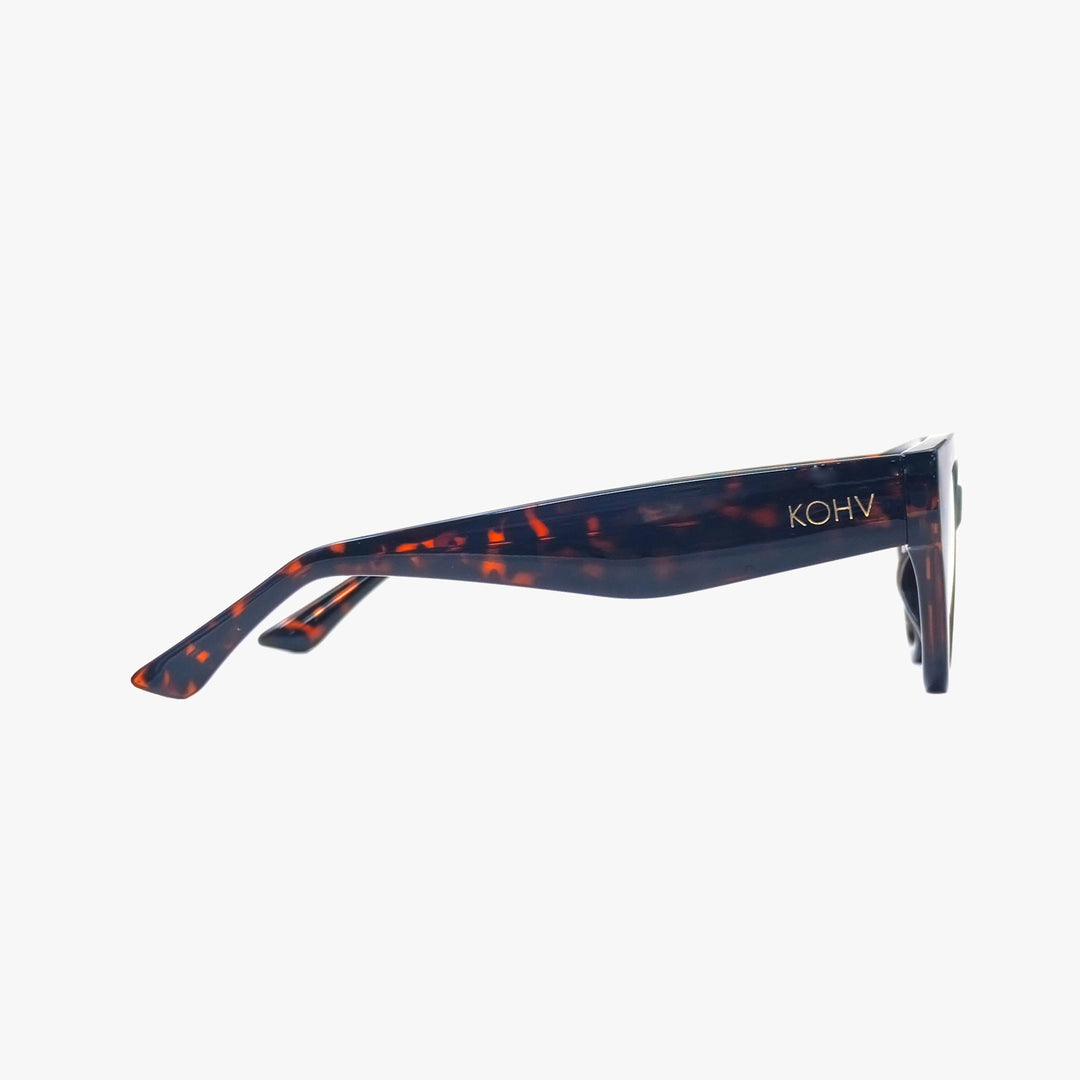 Black sunglasses with a brand logo on a white background