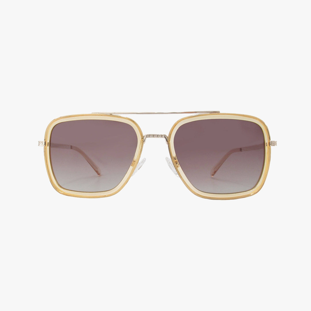 Gold-framed sunglasses with gradient lenses on a white background
