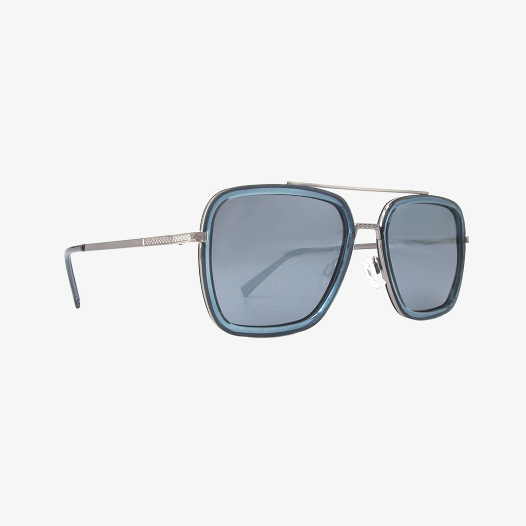 Sunglasses with blue lenses and silver frame on a white background