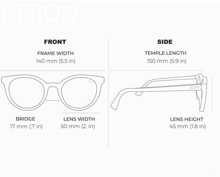 Glasses measurement chart showing front and side views with dimensions.