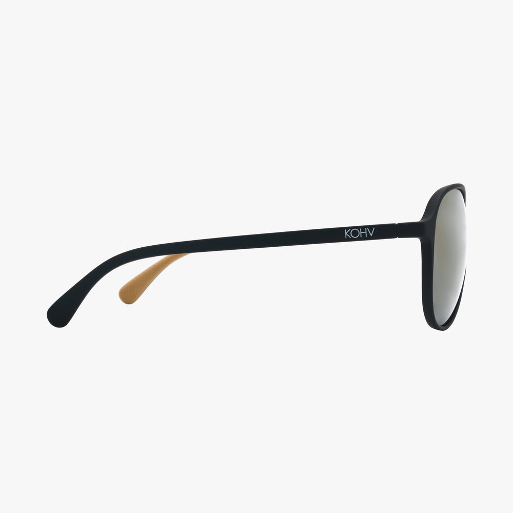 Sunglasses with black frame and reflective lenses on a white background