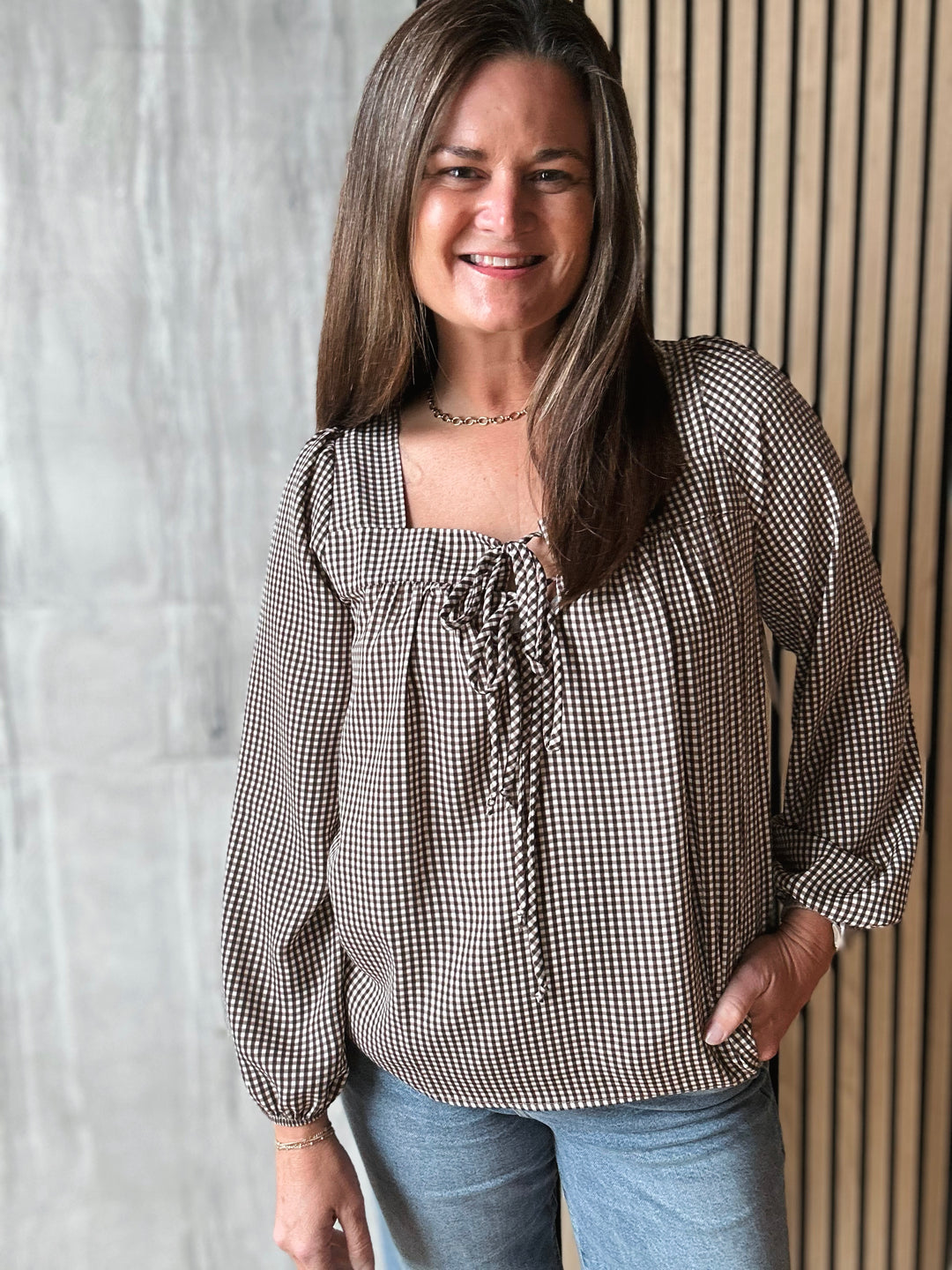 Tie Neckline Checkered Top