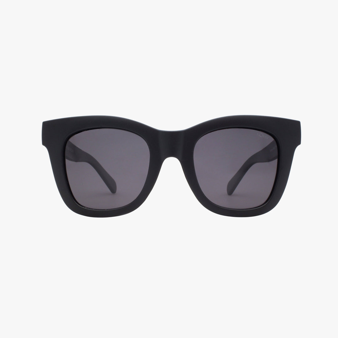 Black sunglasses with dark lenses on a white background
