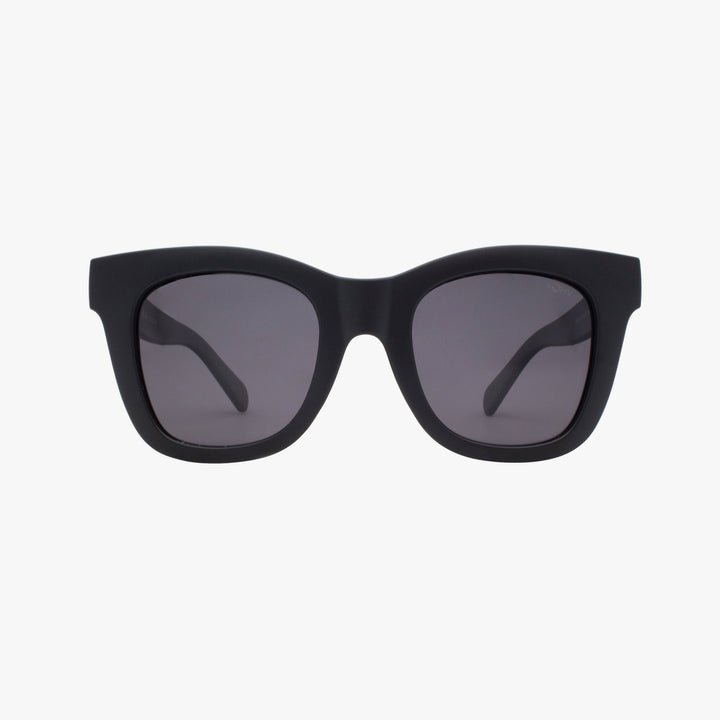 Black sunglasses with dark lenses on a white background