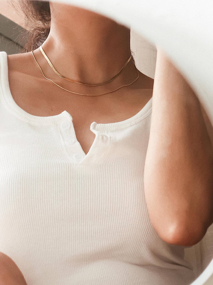 Jean 18K Gold Non-Tarnish Layered Flat Snake Chain Necklace