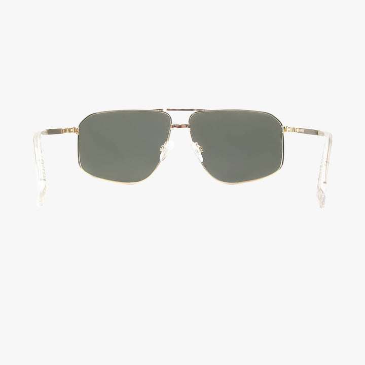 Sunglasses with gold frame and dark lenses on a white background