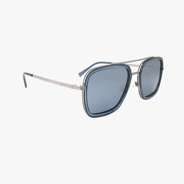 Sunglasses with blue lenses and silver frame on a white background