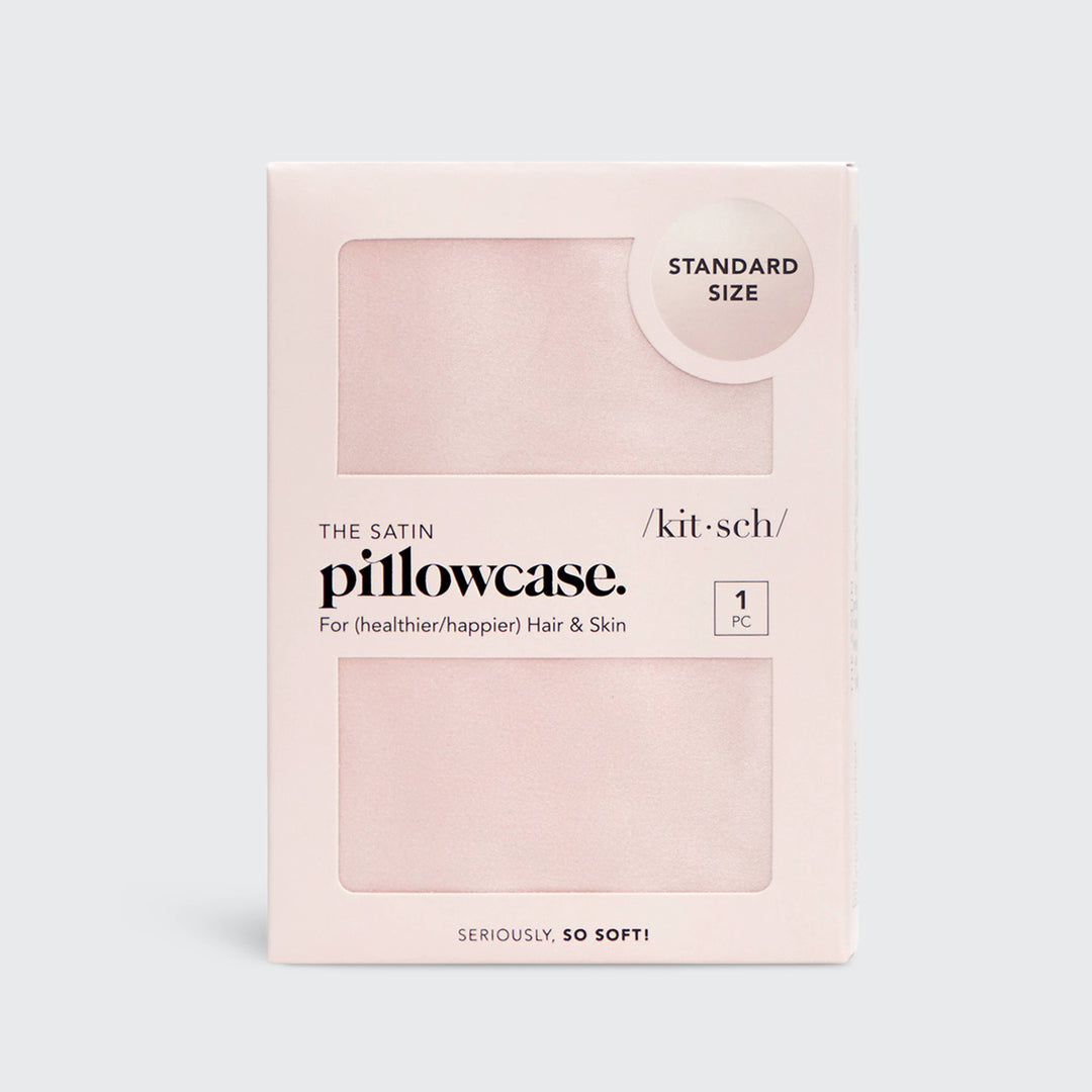 Package of satin pillowcase with brand name on a light gray background