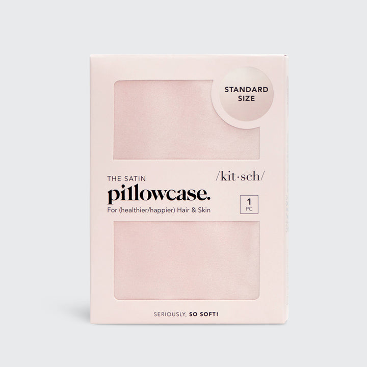 Package of satin pillowcase with brand name on a light gray background
