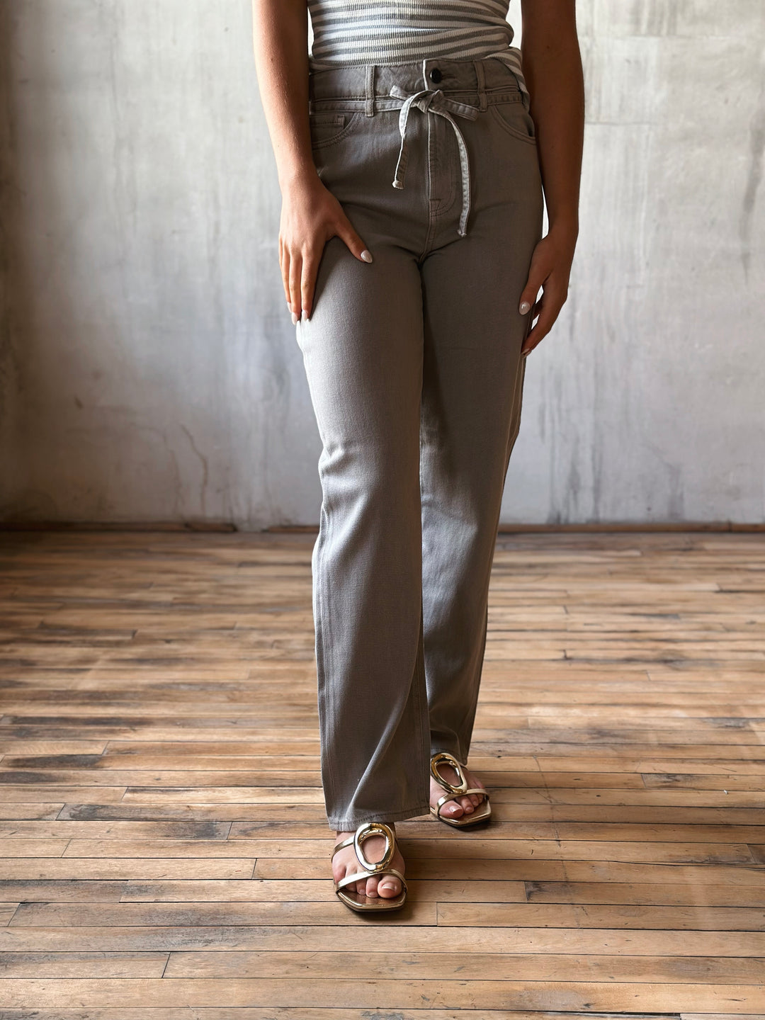 Front of High Rise Wide Straight Jeans with Removable Belt