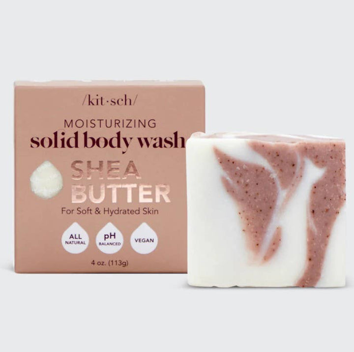 Shea butter moisturizing solid body wash with packaging on a white background