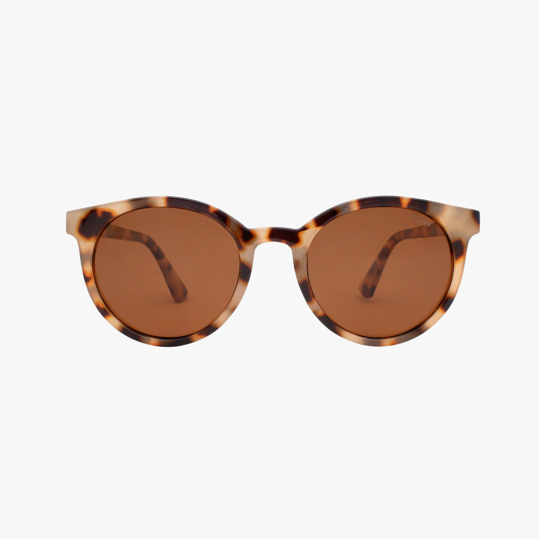 Sunglasses with tortoiseshell frame and brown lenses on a white background