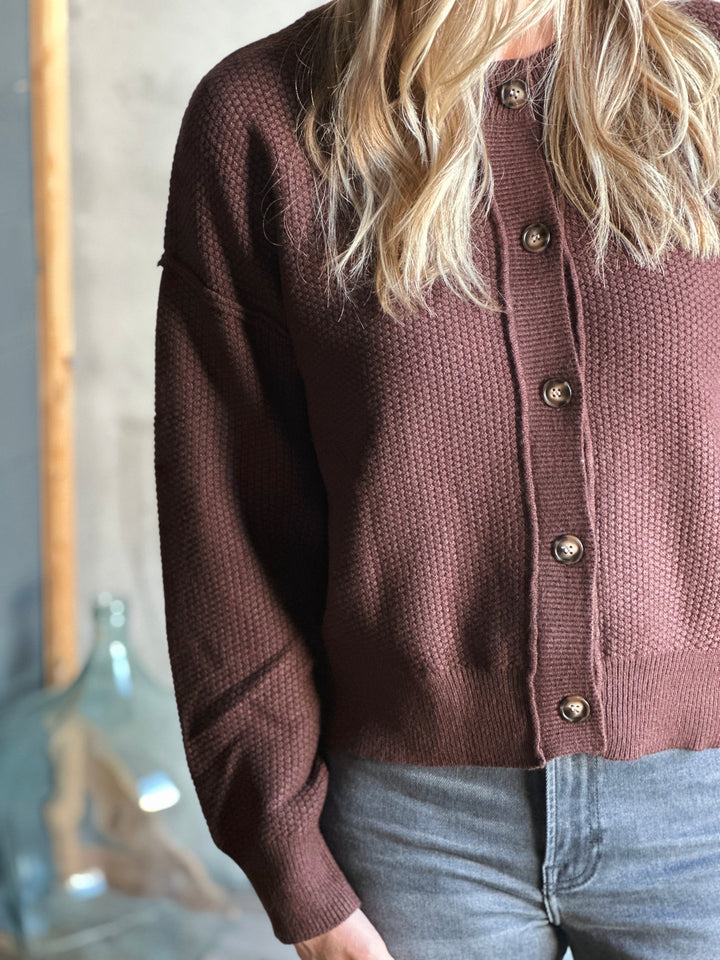 Brown button-up sweater worn by a person with a blurred background