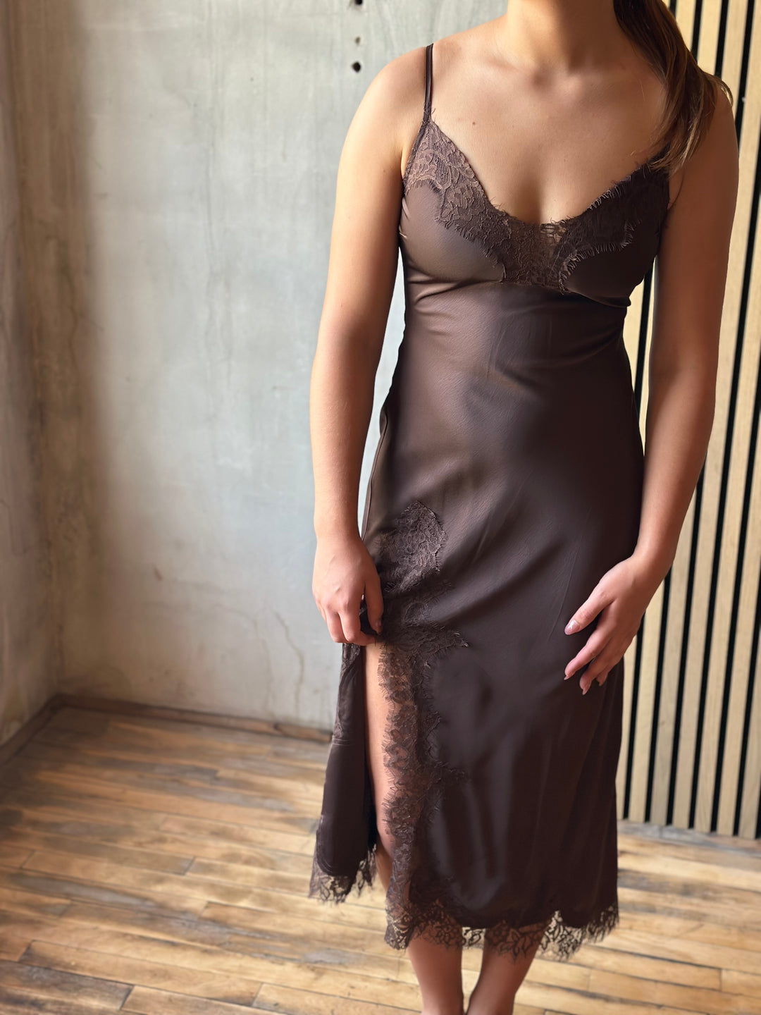 Chocolate brown satin slip dress with lace bodice trim, close front view