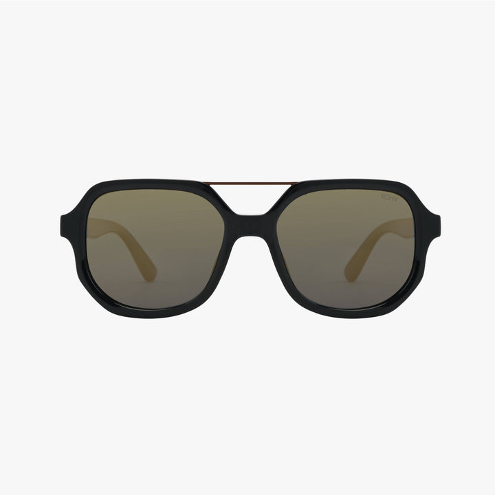 Black sunglasses with dark lenses on a white background