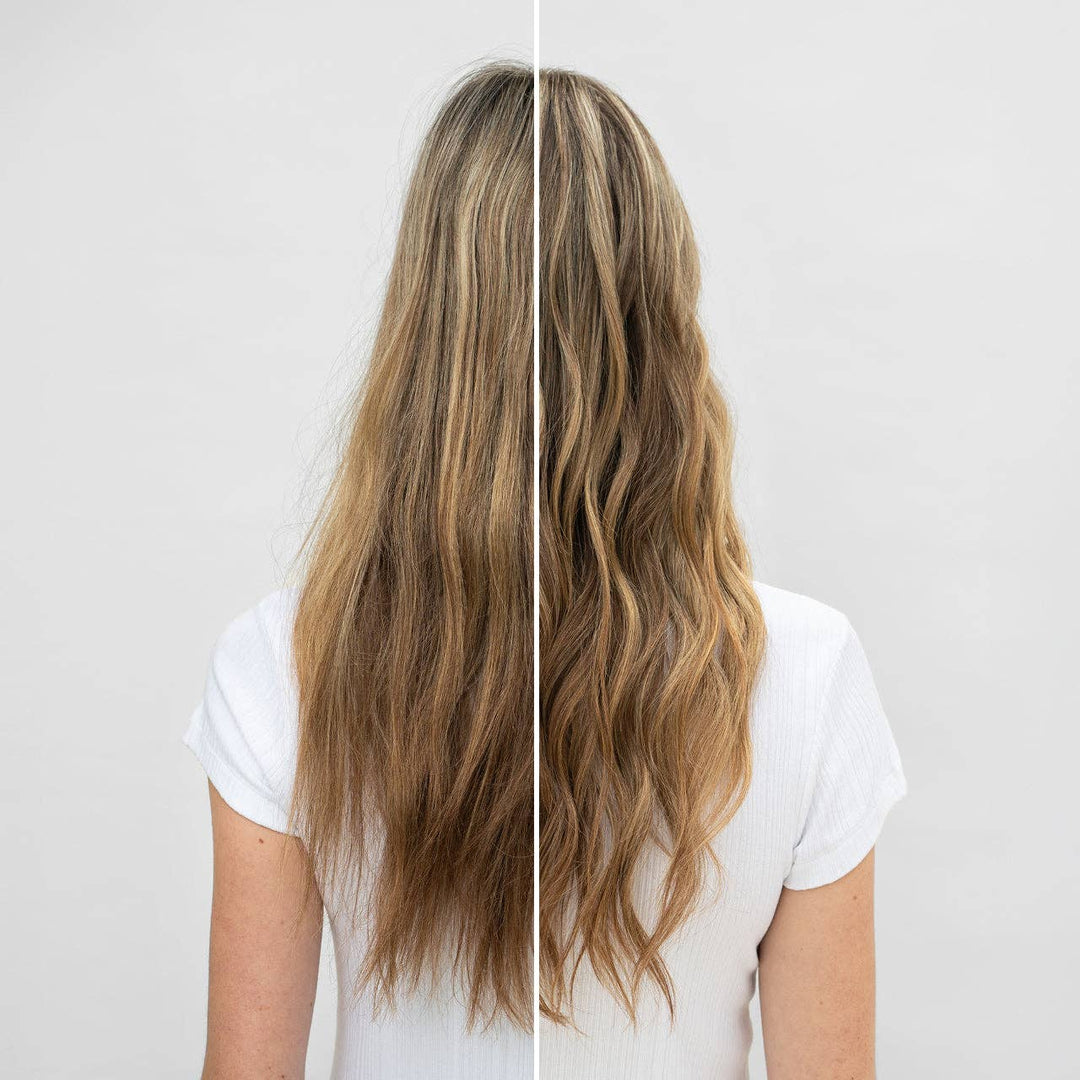 Side-by-side comparison of long, wavy hair on a plain background