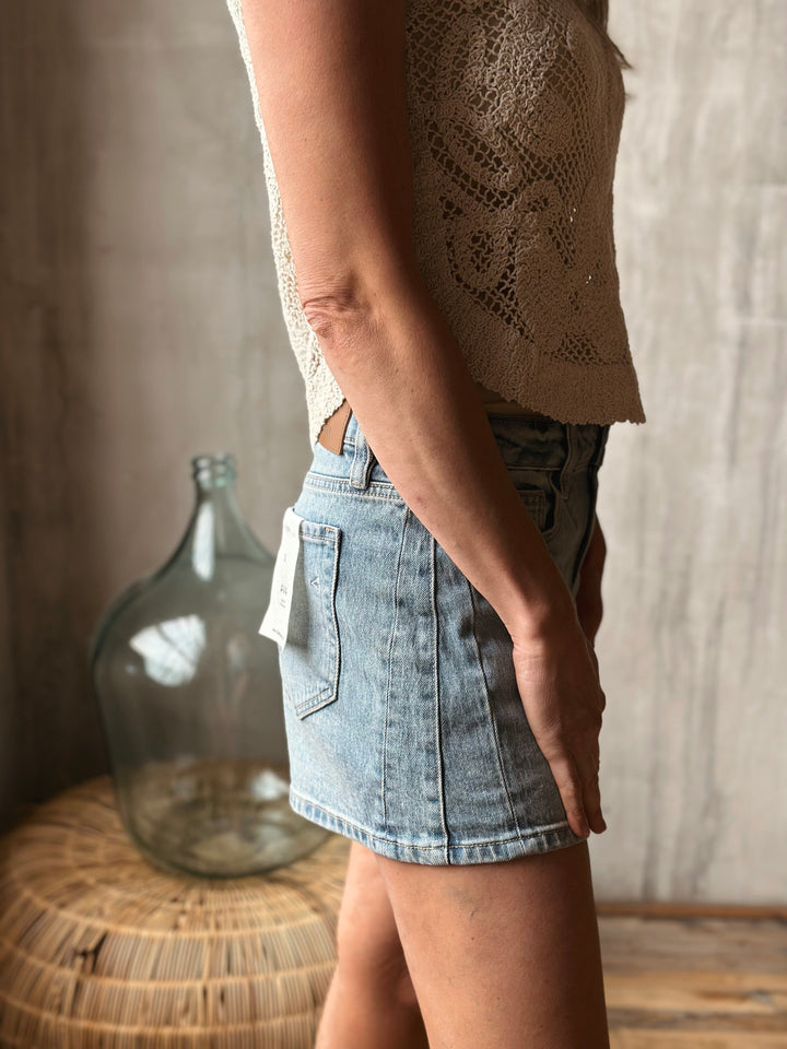 A person wearing light washed denim shorts with a blurred background.