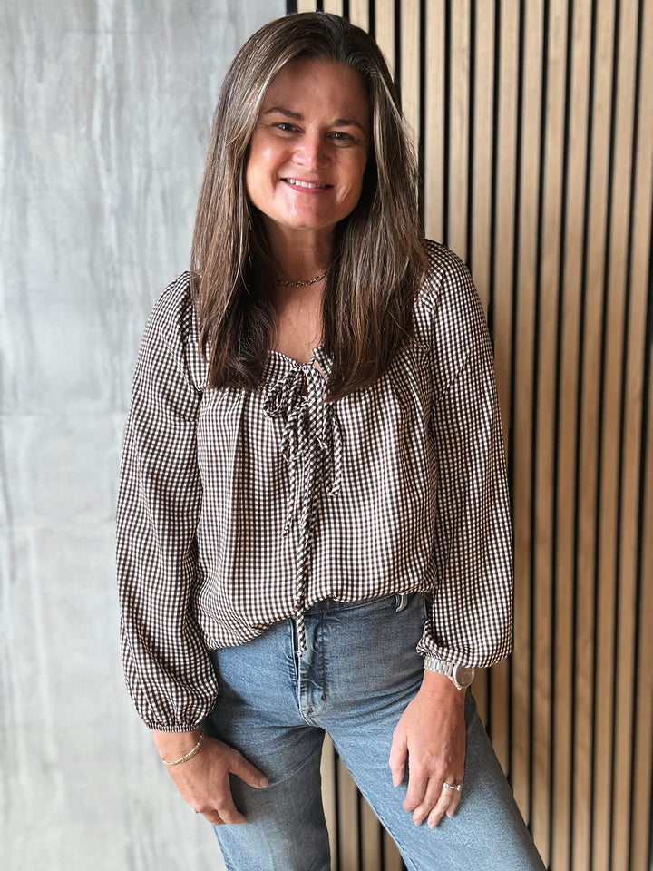 Tie Neckline Checkered Top