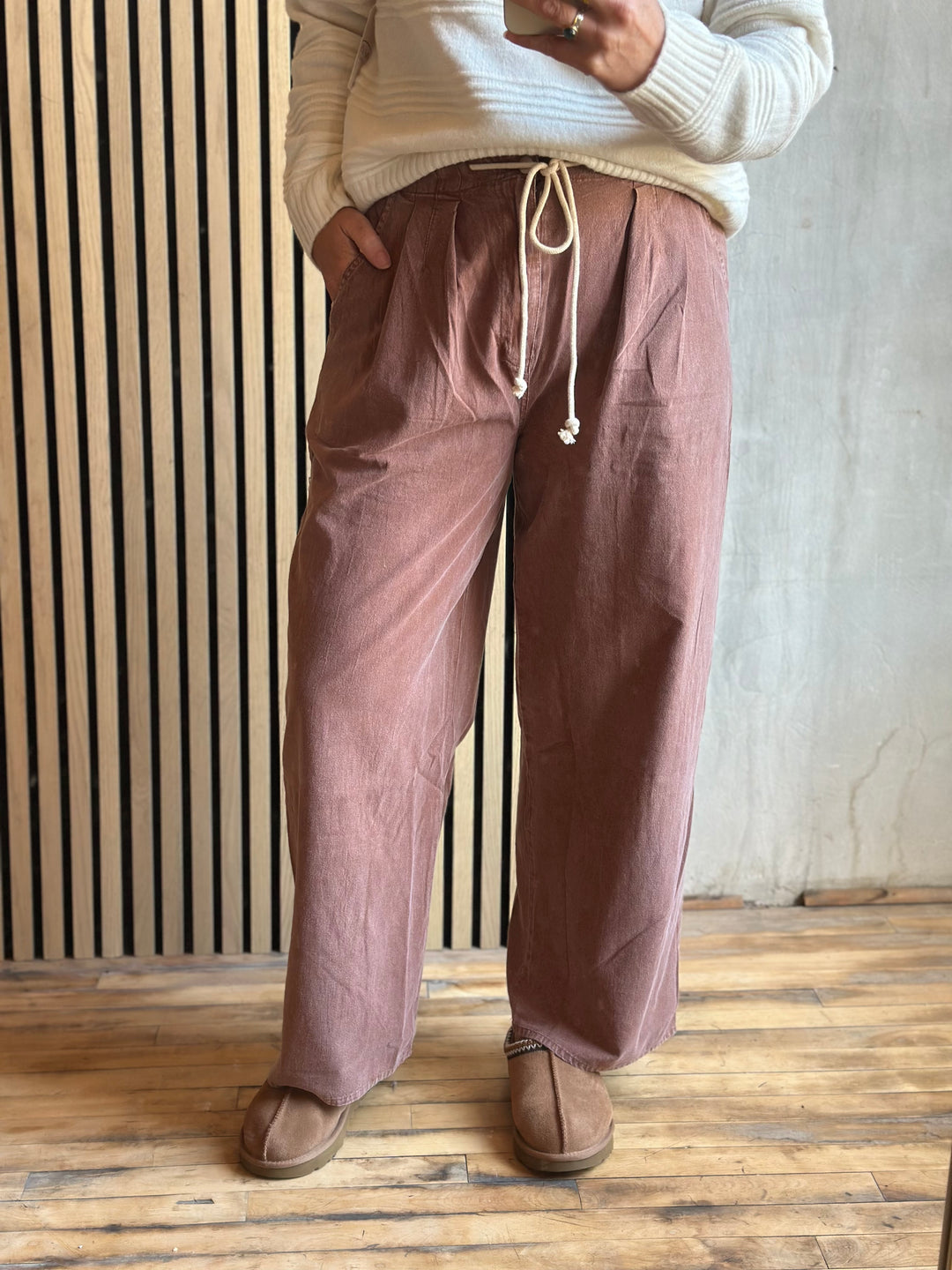 Dusty rose wide-leg drawstring pants, angled view
