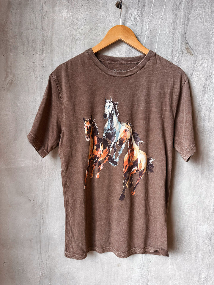 Brown t-shirt with horse design on a wooden hanger against a textured wall.