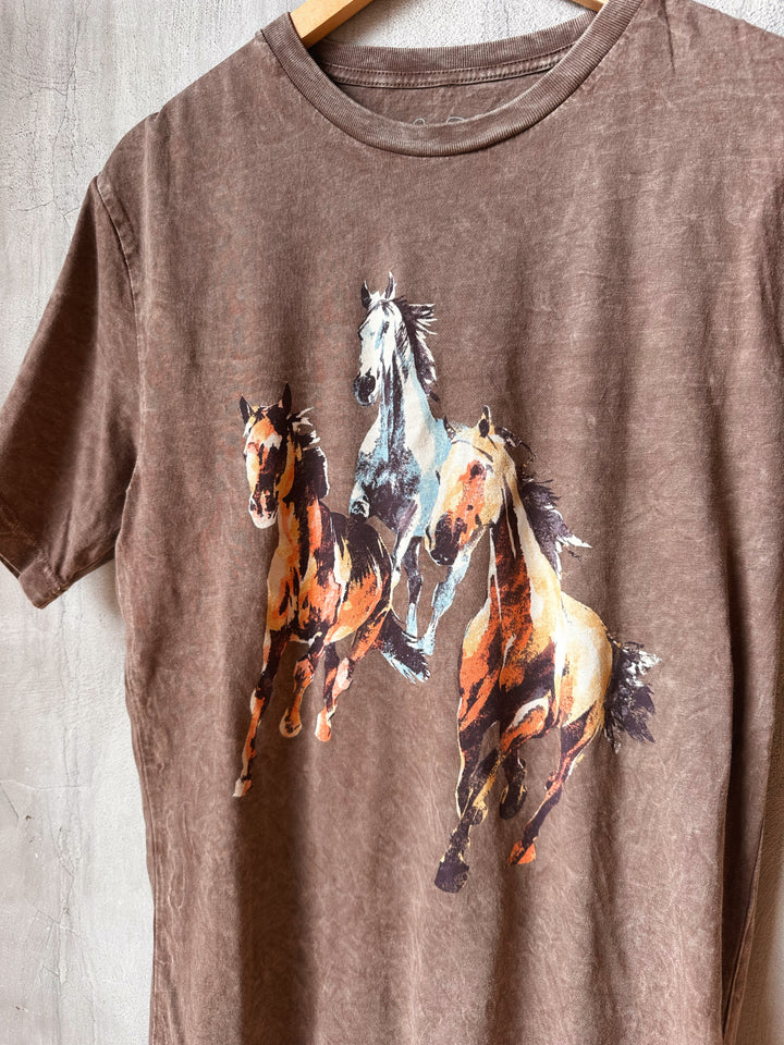 Brown t-shirt with colorful horse graphic on a wooden hanger against a light gray background.