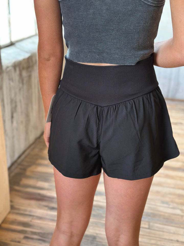 back view Air Flow Ribbed Waist Athletic Shorts – in black