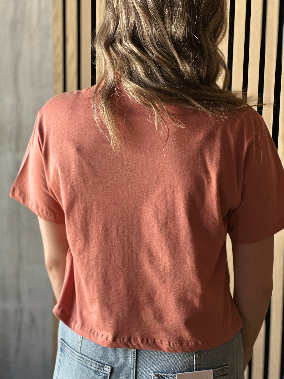 Back view of model wearing a mauve shirt 