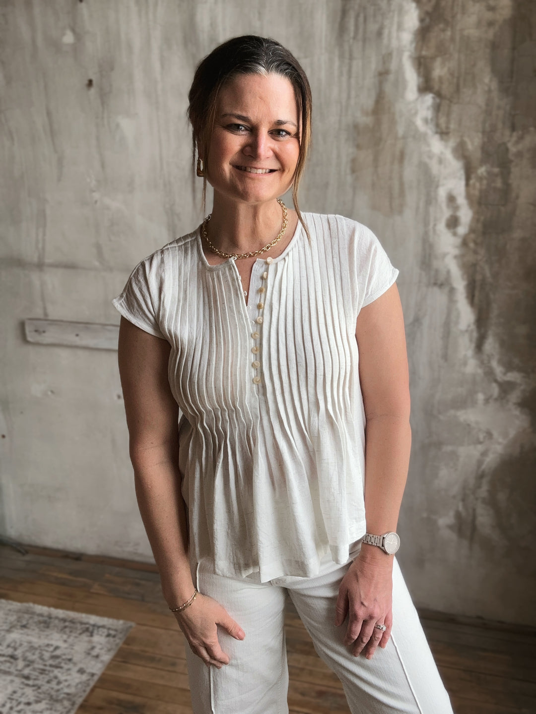 The Ivory Gathered Button Top
