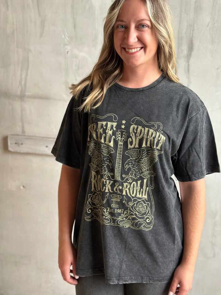 Charcoal vintage-wash graphic tee with a gold eagle print, front view