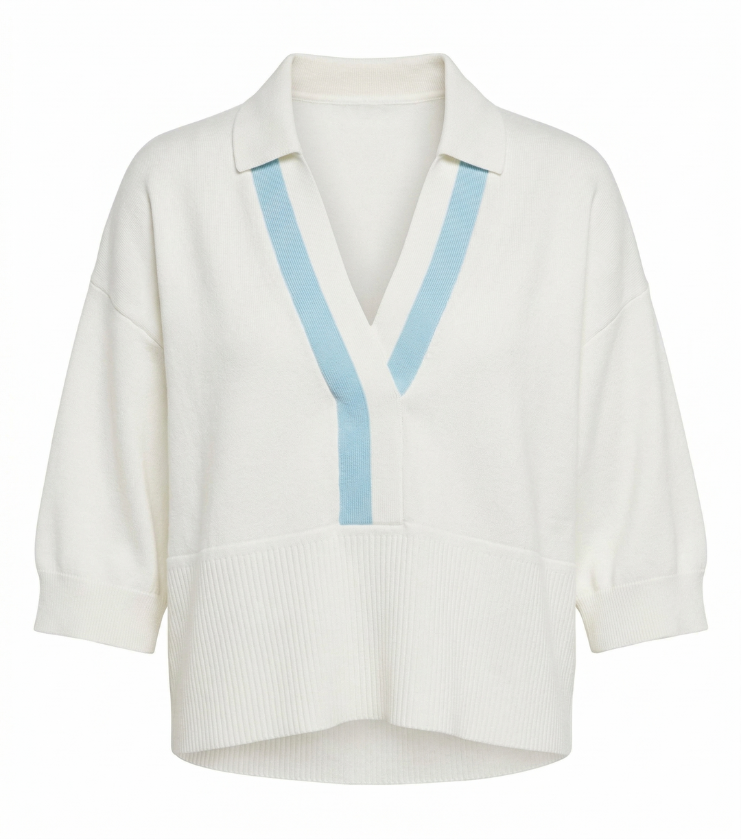White shirt with blue trim on a white background