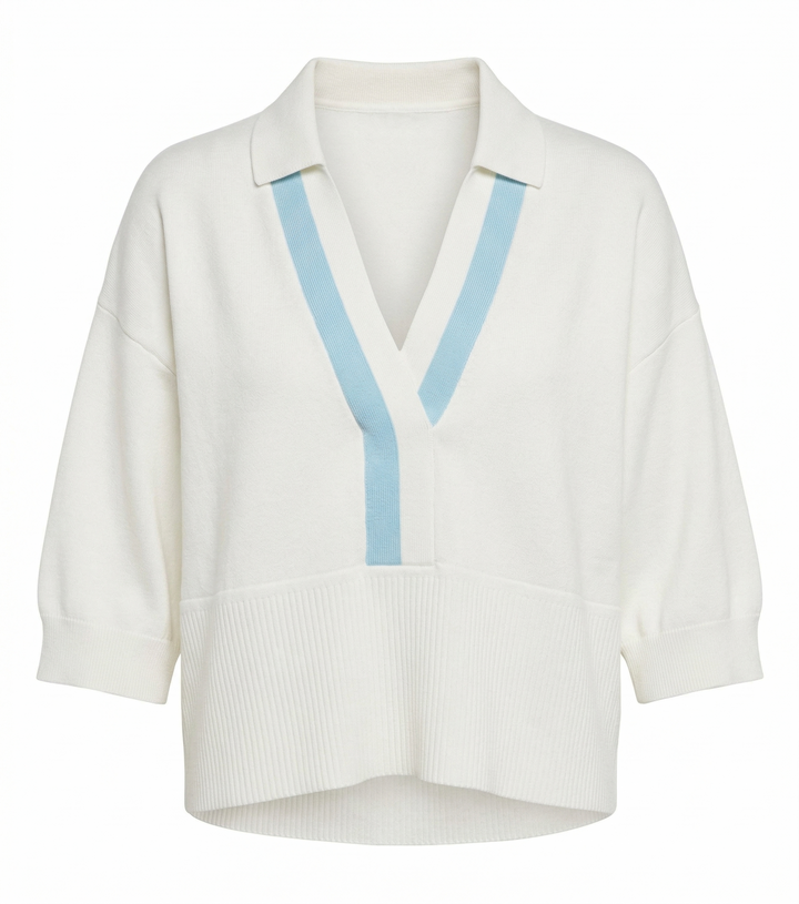 White shirt with blue trim on a white background