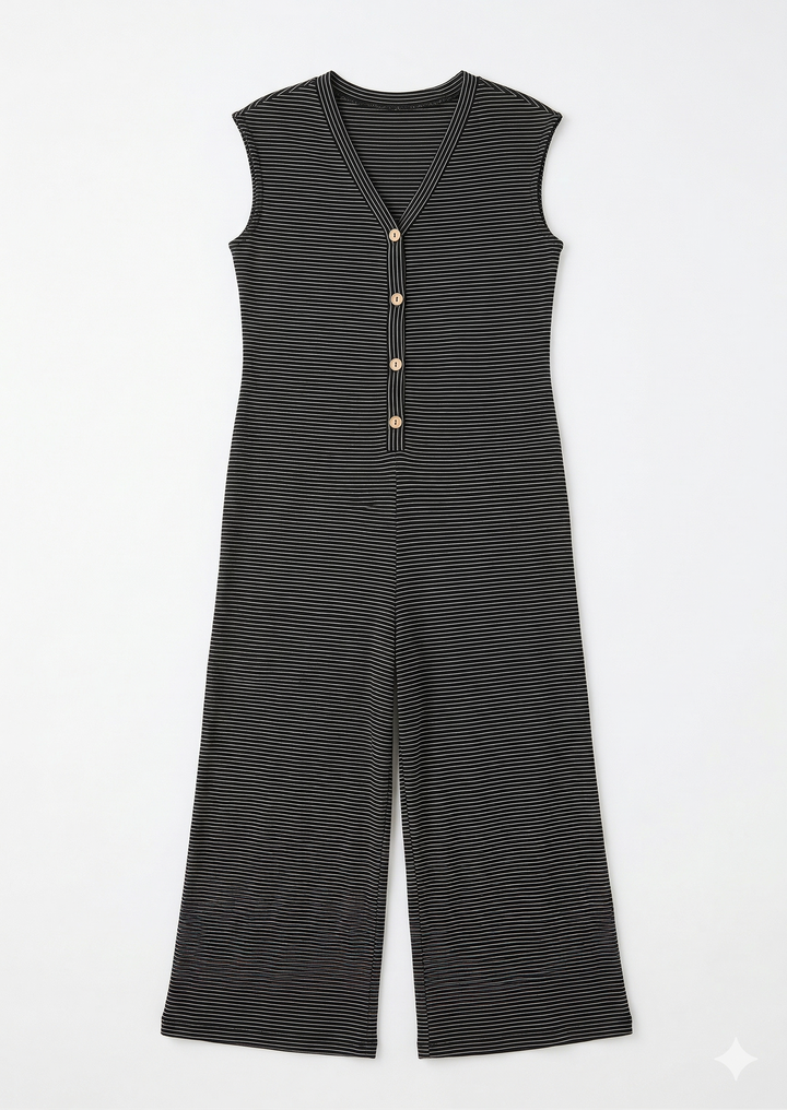Black striped jumpsuit with buttons on a white background.